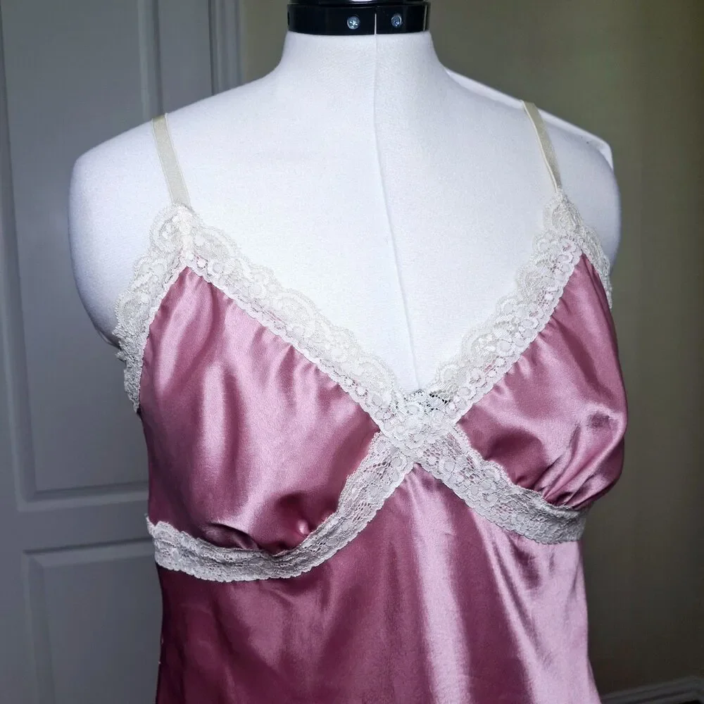 Vintage Babydoll Satin Lace Camisole Top Pink XL Y2K Fairy Grunge Coquette
